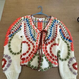 HUNTER BELL Cream Crochet Cardigan with Multicolor Braided Accents